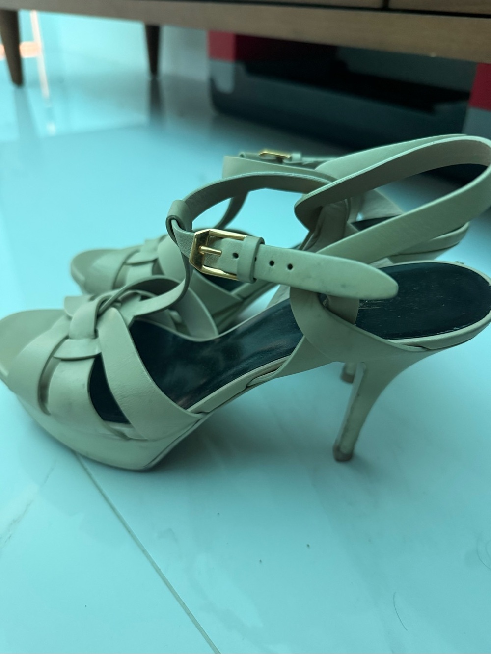 Yves Saint Laurent Cream Strappy Platform Heels